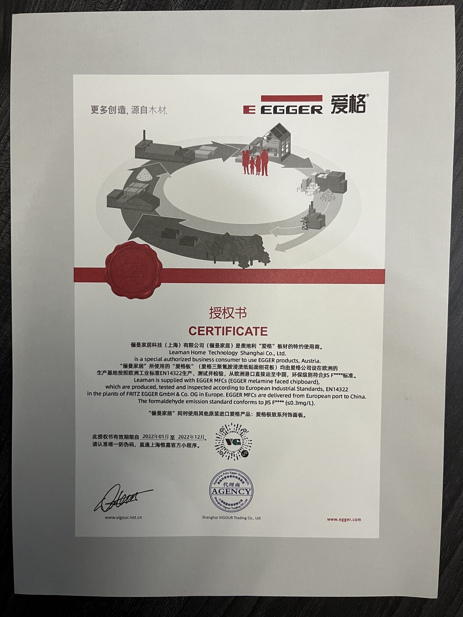 2022年 俪曼家居 爱格授权证书